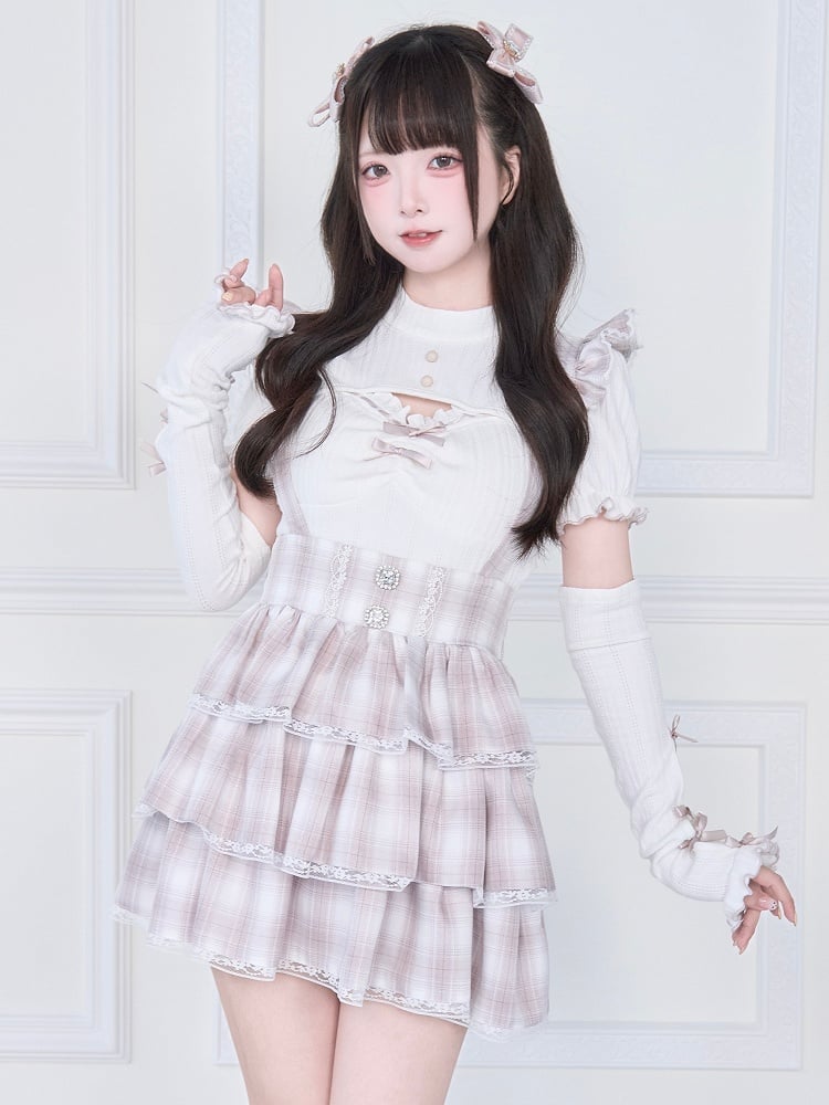 Warmers Knitted Matching Top Pink Kei Jirai Hem - White Lettuce Arm Sleeves