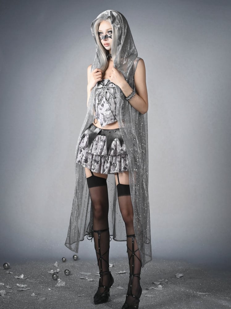 Fashion Waistband Skirt Low Y3K Waist Bat Wing Detail Sequins Tiered Cyberpunk Futuristic Silver Gray