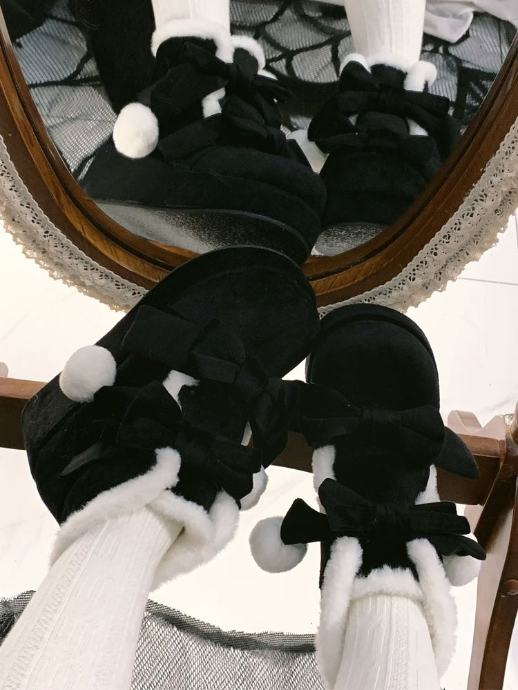 Schwarze Stiefel mit Schleifen - Lolita Pompon Süß mit Stil Plateau Winter Warm