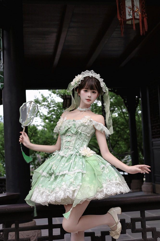 Green Top Frog Buttons Print Corset Skirt + and Jasmine-Embellished Floral Waist Lolita
