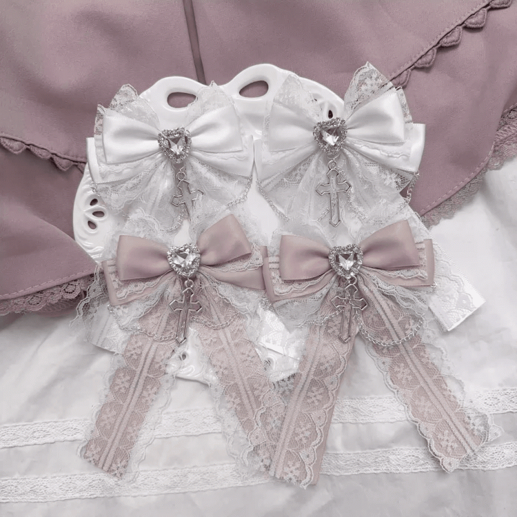 Charm Lace Bow Hairclips White/Pink/Dusty Cross Jirai Kei Pink/Black/Blue