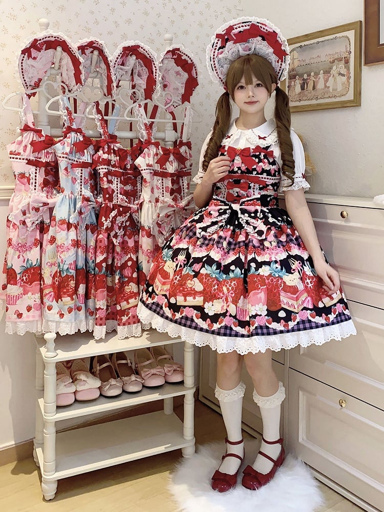 and Sweet Black Strawberry Dessert Dress Print Lolita