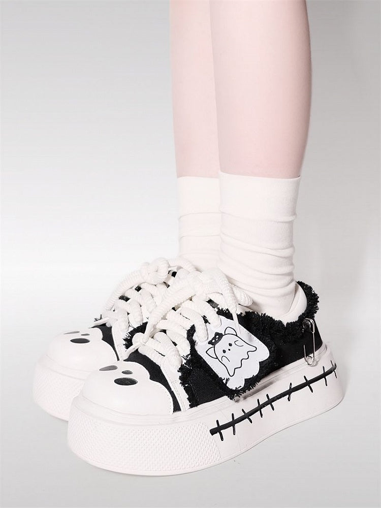 Sneakers Cute Black Ghost Platform Canvas und Weiß