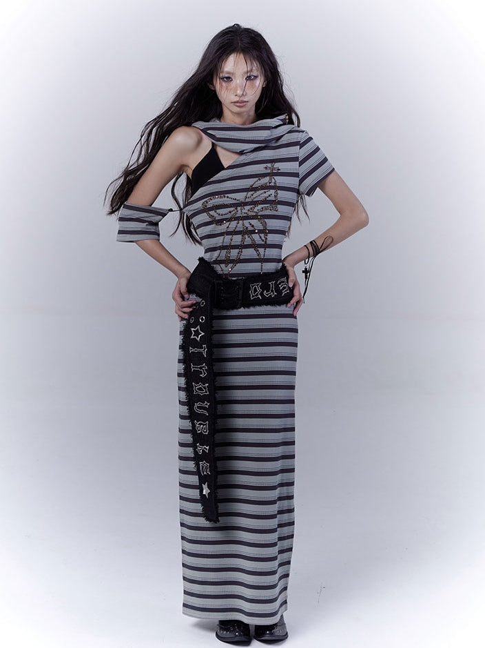 Cutout Wasteland Punk Hooded Buckle Gray Green Striped Dress and with Belt Shoulder