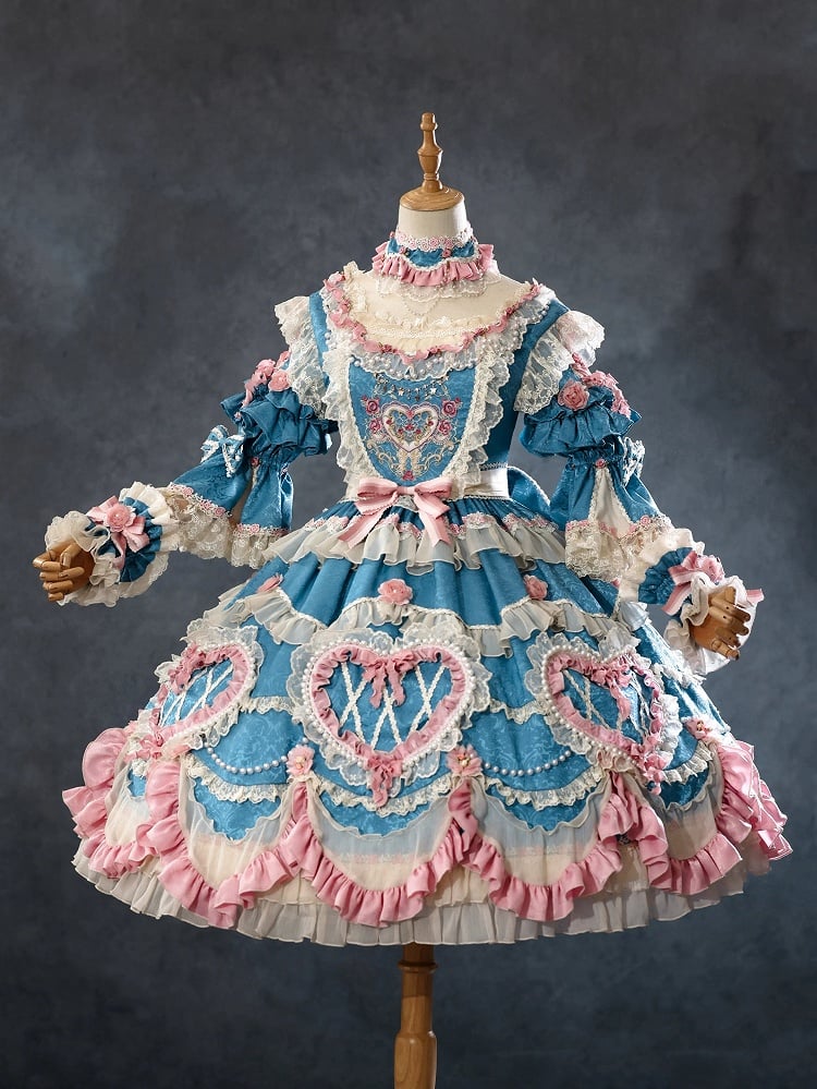 Blue Hanayome Rosette Embroidery Floral and Bead Chain Details Lolita OP Full Set