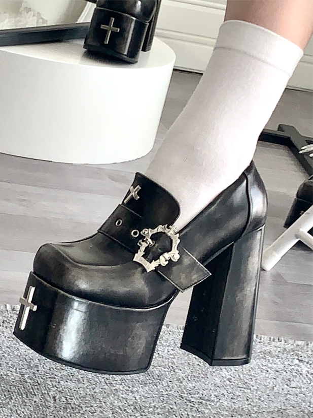 Matte Block Buckle High 11/13cm Black Coffin Gothic with Heels Platform