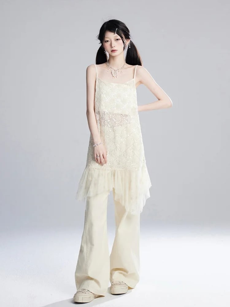 Strapless Hem Cropped Sequins Mesh Slip Dress/Apricot Apricot Semi-sheer Top Star Pattern Asymmetrical