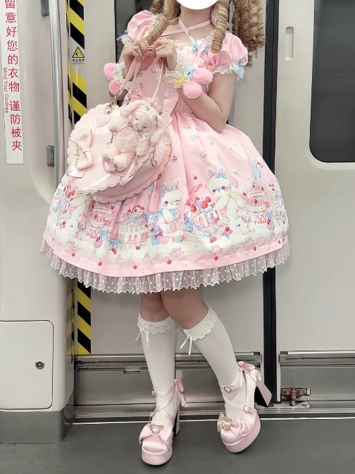 Sleeves Puff Pink Print Dress Sweet Lolita Bunny and Cake Short