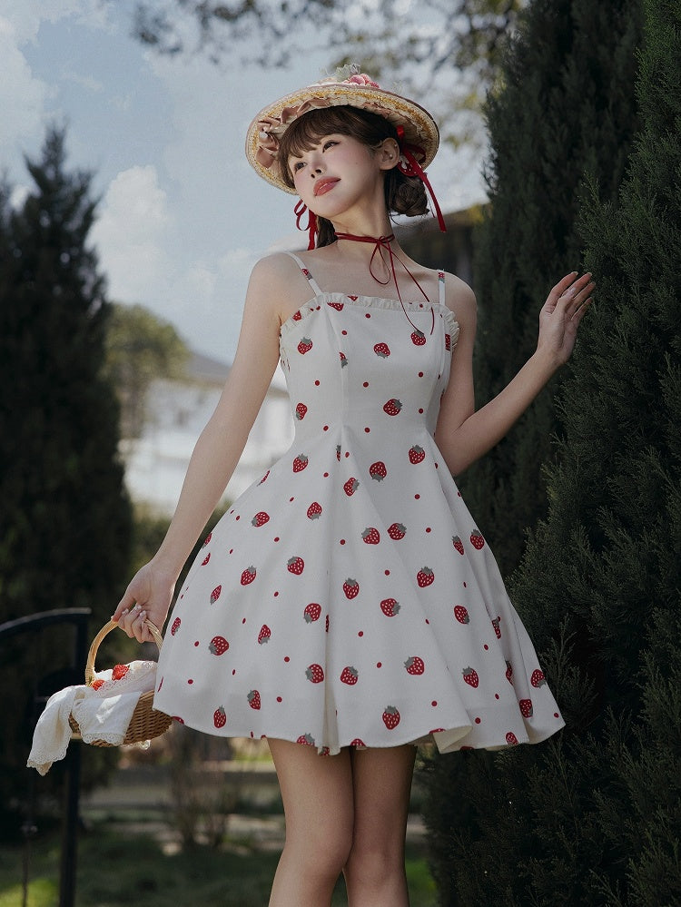 and White JSK Sweet Dress Polka Dots Summer Lolita Strawberry Sun Print