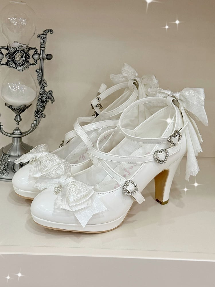 High Crisscross Heart Top White at Bow Buckle Heels Design
