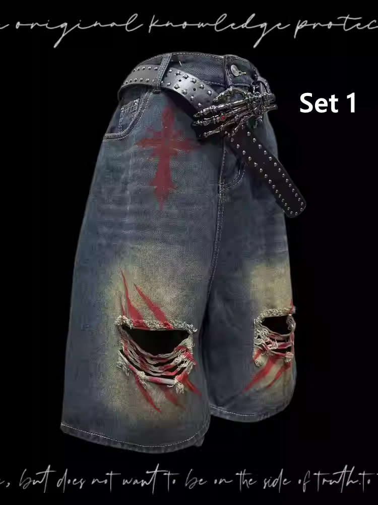 Print Blue Faded Holes Scratch Wash Distressed Wide-leg Denim Shorts