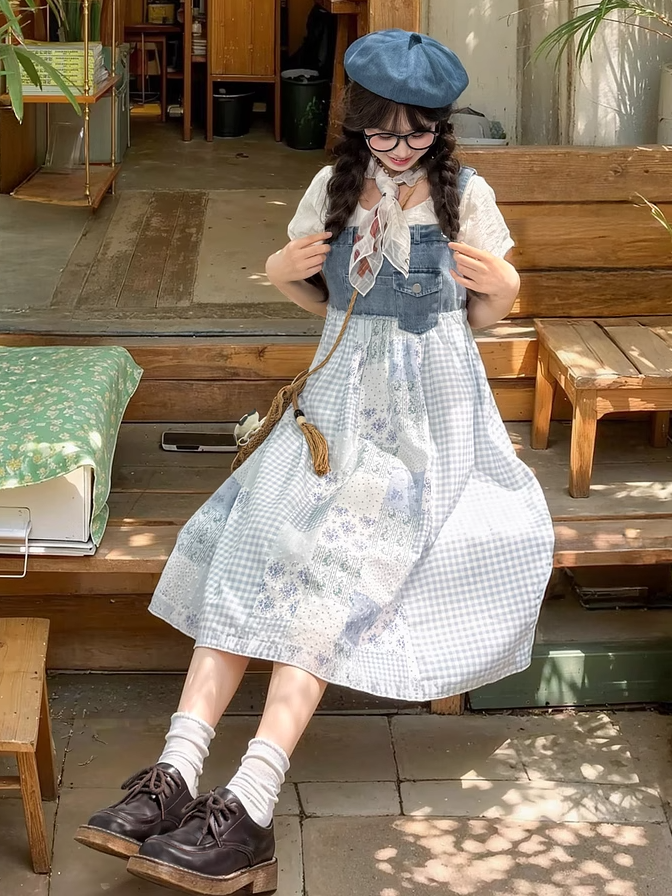 Mori Denim Overall Dress Blue Plaid and Floral Patchwork Design Kei