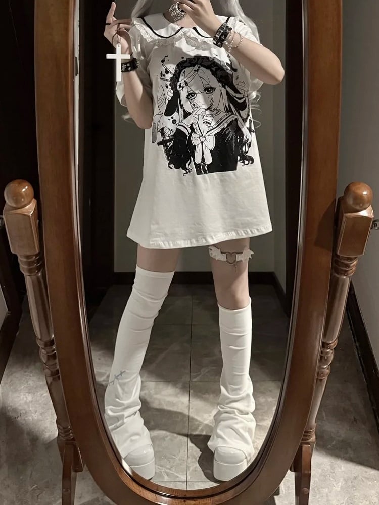 Pan Jirai Kei T-Shirt Weiß Anime Girl Print Peter Collar