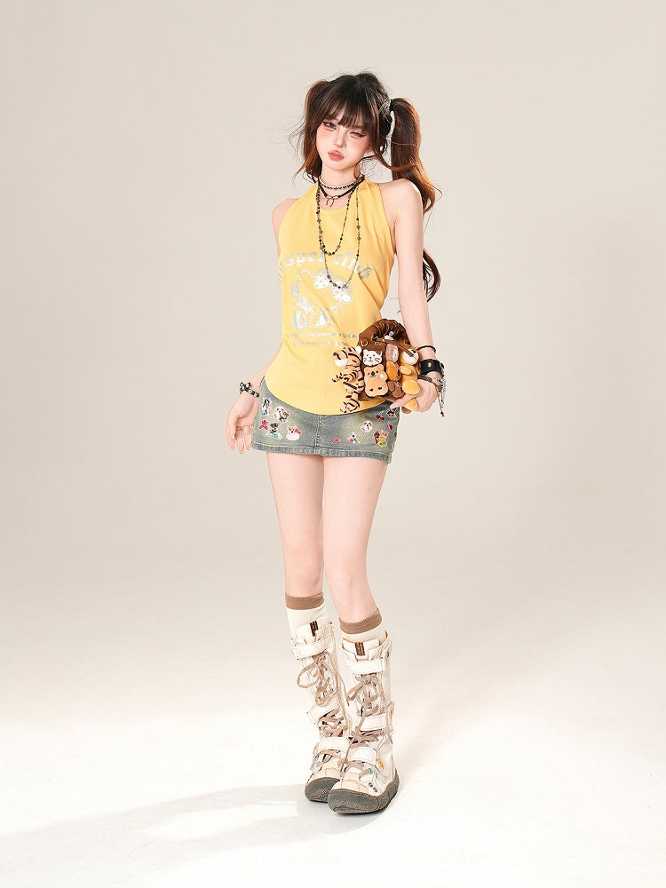 Kitty Print Halter Neck Tank Top Yellow/White