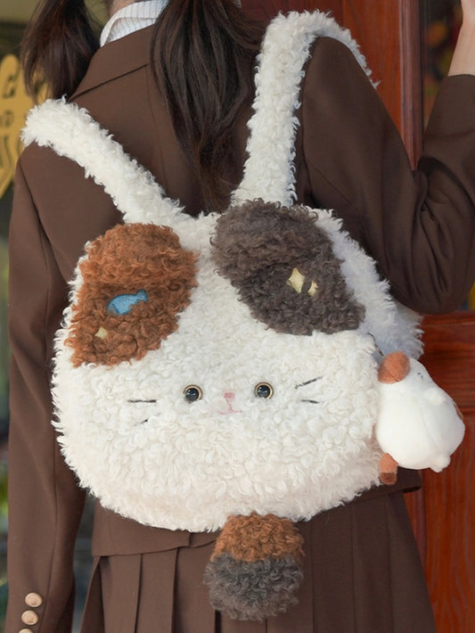 白いかわいい猫の形をしたぬいぐるみフラップバックパックバッグ