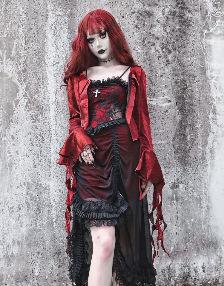 Schwarzes und weinrotes Vampir-Gothic-Kleid, Spitzenkleid mit Kordelzug und Handschellen-Set