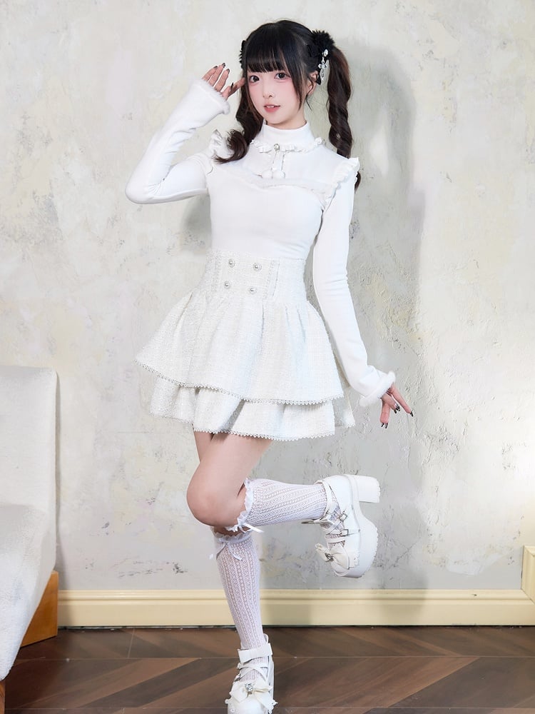 Jirai Kei Plush Trim Cutout Detail Bow Rhinestone Embellished White Top