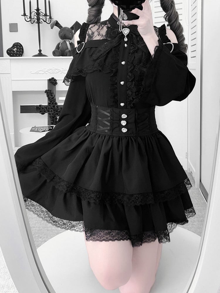 Offenes Jirai Kei Bell Shoulders Black Set: mit Top Three-Piece Sleeves All