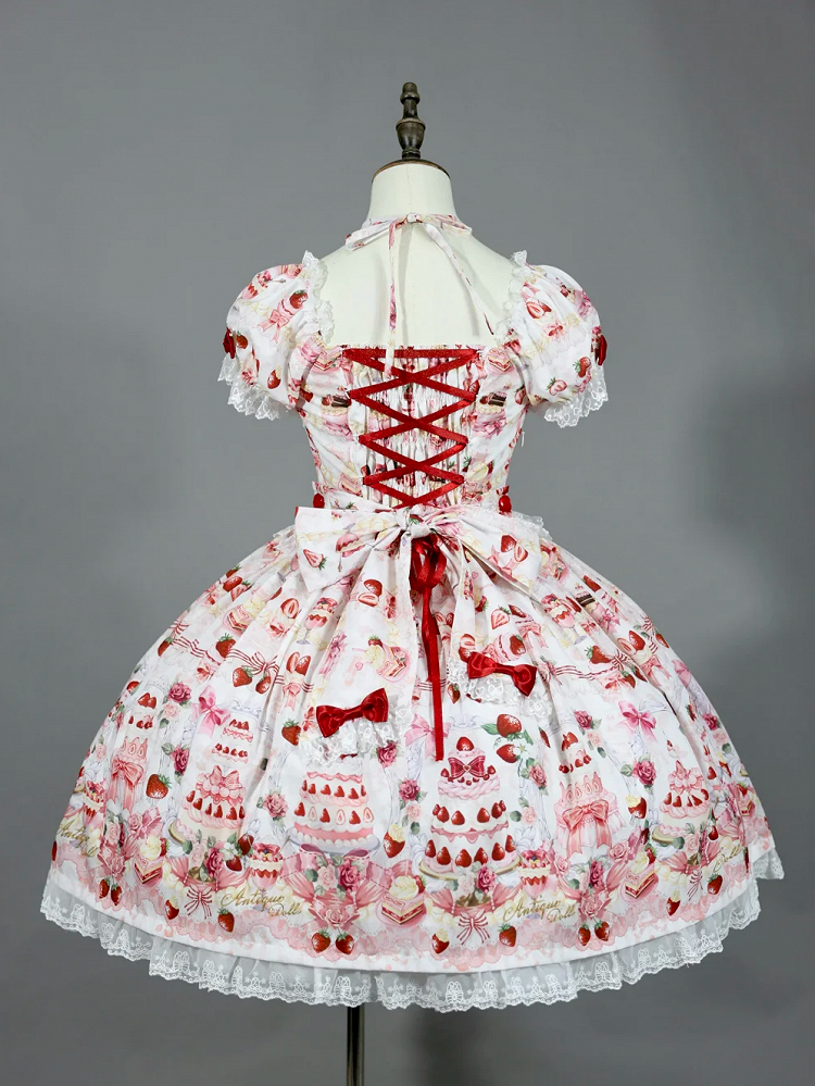 Bow Sweet Set Print White Strawberry Accents / Lolita Full Cake Dress