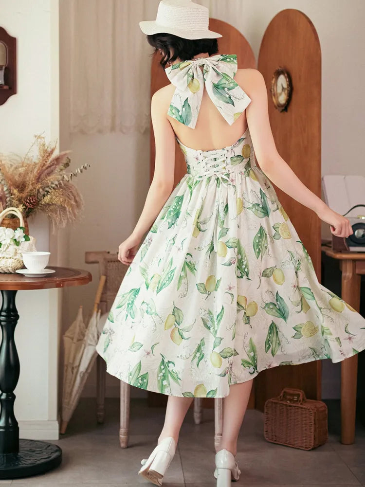 Neck Big Halter Fashion Backless Bow Lemon Green Retro Print Back Dress