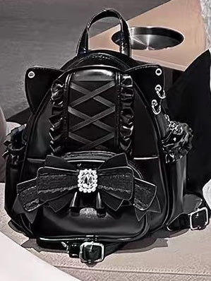 Black Kei Cat Ear Backpack With Beaded and Rhinestone Bow Jirai