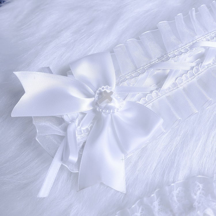 Rosa/Blau/Weißes Jirai Kei-Kreuz verziertes Haarband/Halskette/Armband mit Spitzenbesatz und Schleife