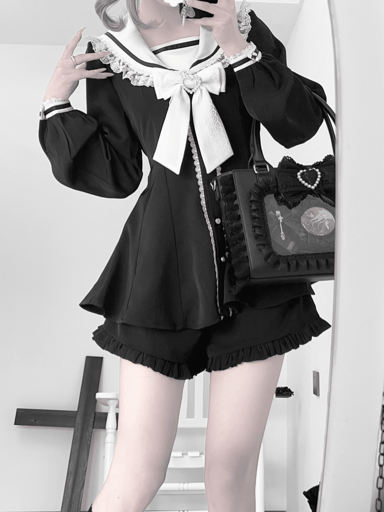 Black White Kei + Ears Bow Mini Dress + Ruffle Hem Shorts Jirai and Back Tie Sailor Collar Bunny Design Set-