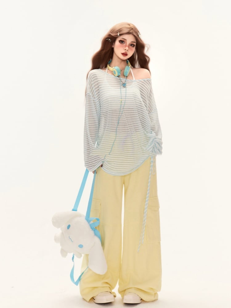 Yellow Drawstring Waist Wide-Leg Cargo Pants