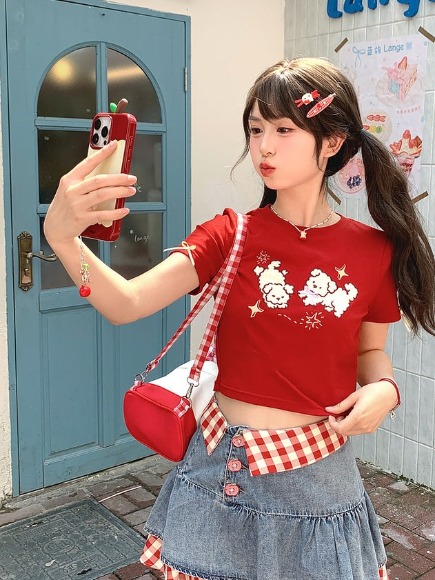 Red Round Neck Adorable Puppy Embroidery Cropped T-Shirt