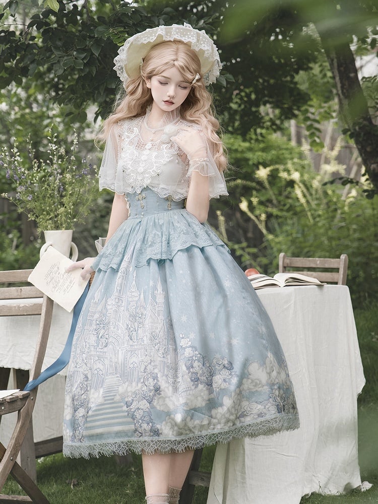 White Skirt High Cape Waist Top Cami + Tulle Print Castle Blue