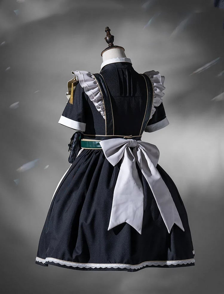 Dress Short Military Full Lolita Flutter Sleeves and Maid Apron Set Black