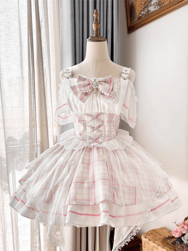 Süßer, schulterfreier Lolita-Pullover mit Idol-Ausschnitt und rosa Karomuster