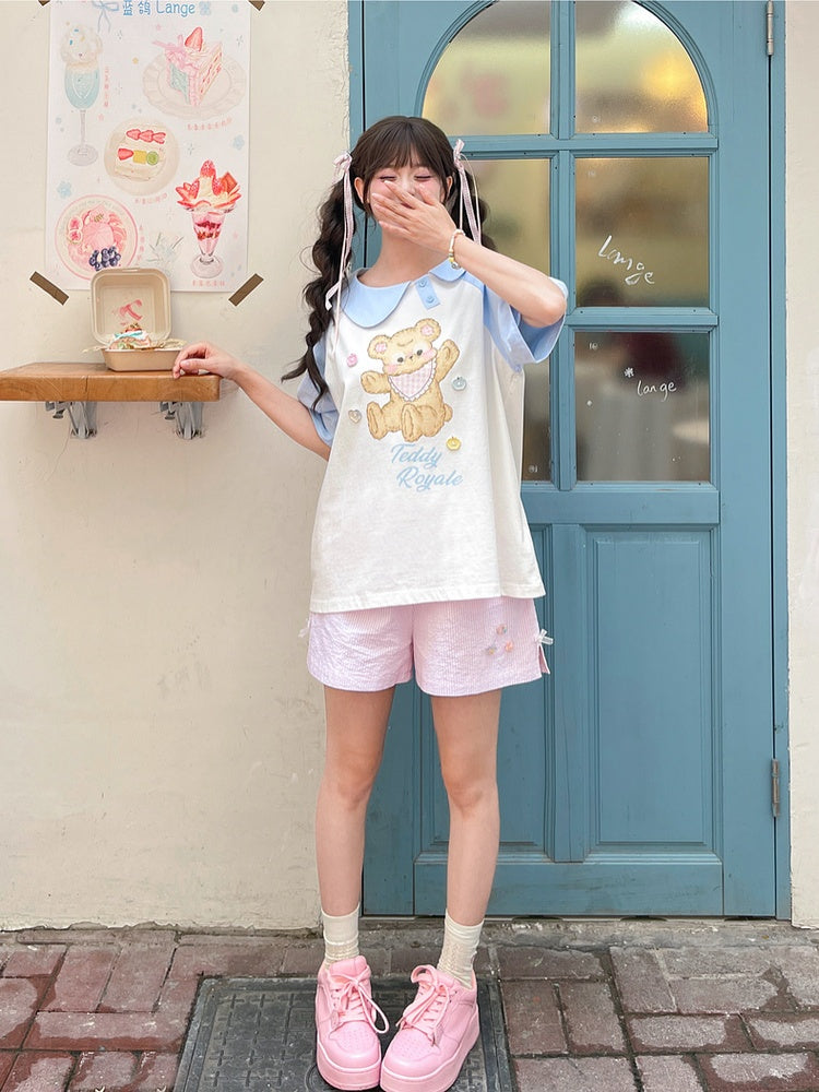 Blue and White Asymmetrical Peter Pan Collar Bear Print T-Shirt Long Version