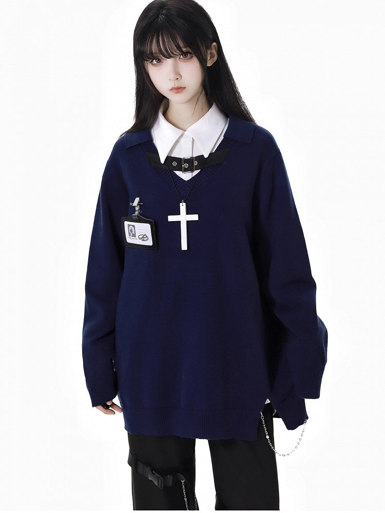 Free Holder Navy Blue V-Neck Buckle Card Strap Spring Sweater Necklace