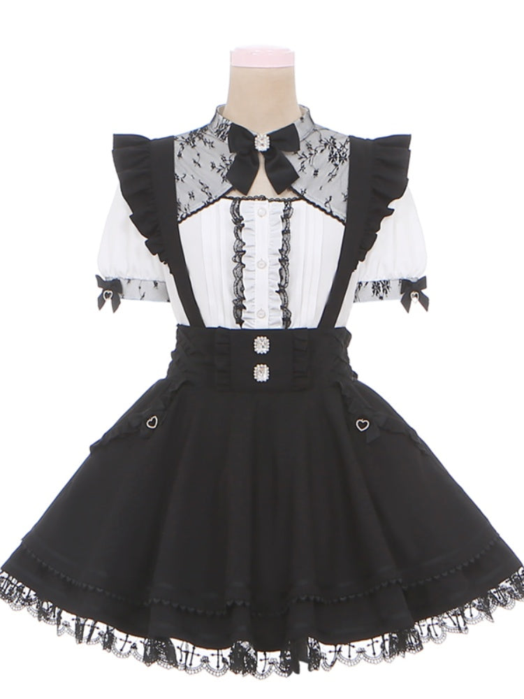Tiered with at Back Skirt Sleeves Jirai Kei Black Overalls Embellished Bow Flutter Big Rhinestones