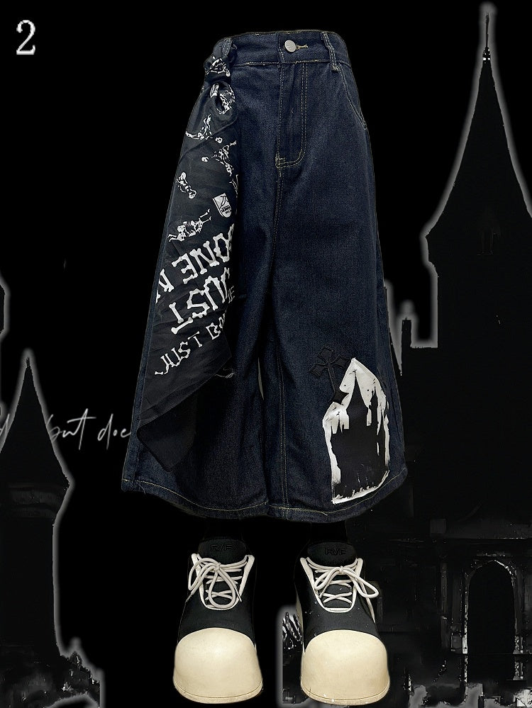 Shorts mit Kreuzapplikation, dunkelblau, Distressed-Löcher, weites Bein, Cargo, Y2K