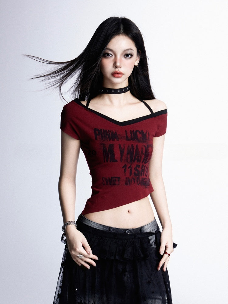 Rock and Hem Red Halter Neck Asymmetrical Neckline Graphic Cropped T-shirt Punk Y2K