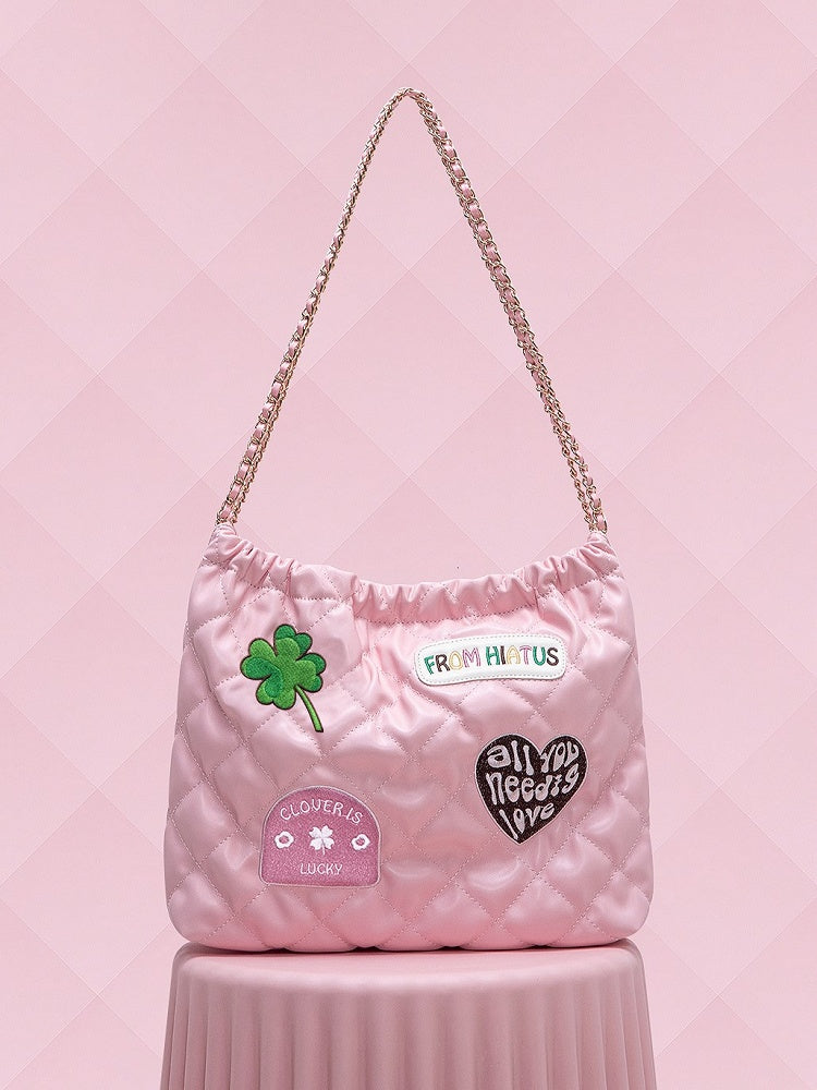 Sweet Pink Diamond Bag With Clover And Letter Embroidery Quilted Drawstring Shoulder