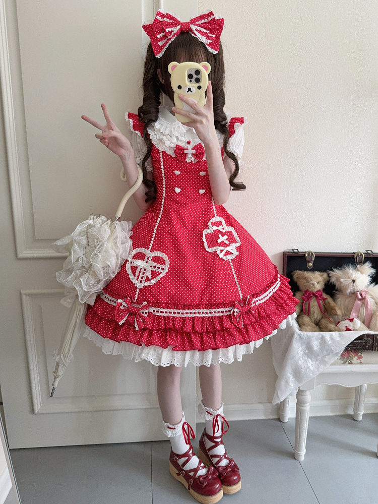 Ruffle Pattern Hemline Layered Dress Polka-dot Lolita Red Nurse