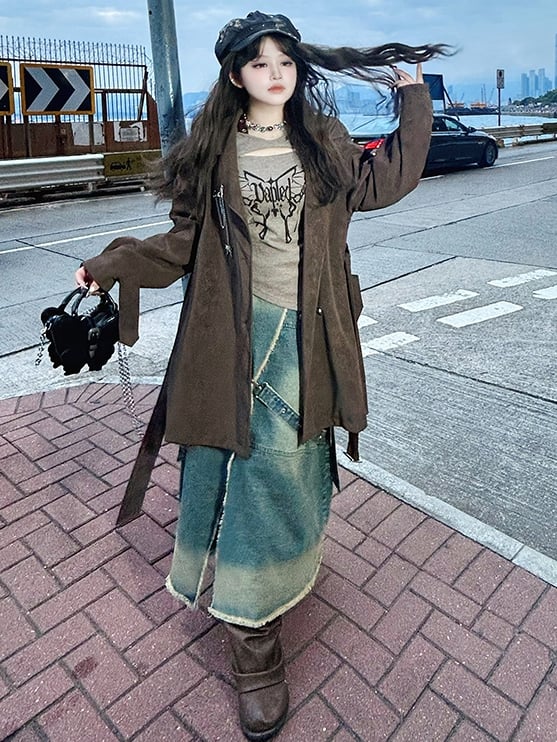 プラスサイズ ブルー ハイスリット フレイドヘム ウェイストランドパンク デニムスカート カーゴポケット