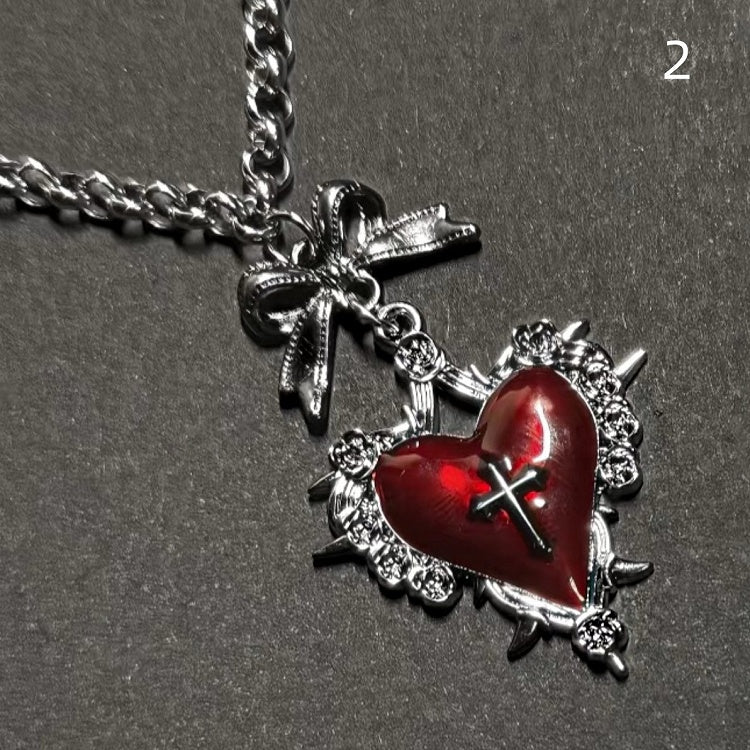 Bow Necklace Y2K Red Cross Burgundy Heart Keychain/Red
