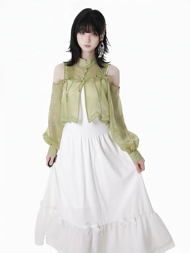 Cheongsam Style Green Semi-sheer Cutout Shoulder Ruched Design Neckline Top