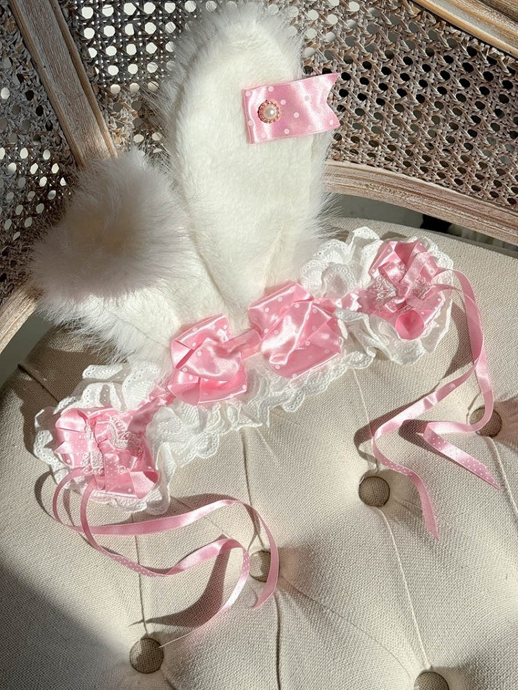 Dot Hairband Bunny Lace Bows Ear and Lolita with Pink Plush Polka Red/Pink/Light Trimmings