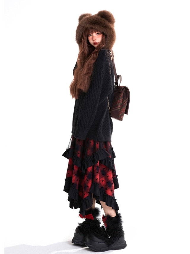 Red Plaid Pattern Asymmetrical Ruffled Hem Skirt Y2K