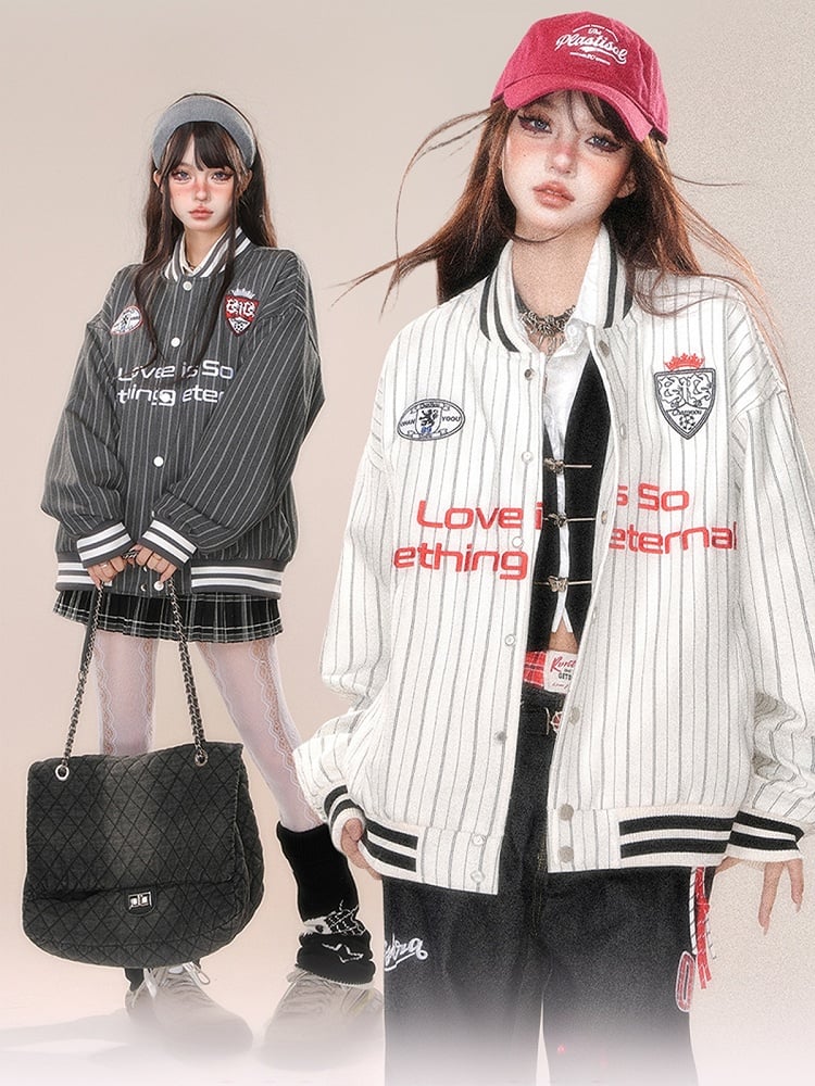 Grau-weiße Baseballjacke mit Streifenstickerei