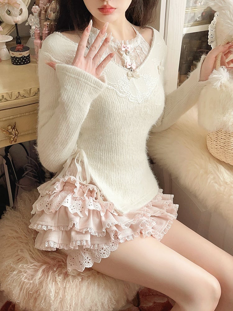 Sweater With Bow Accents and Playful Ribbon Detail White Lace-Trimmed V-Neck Knit