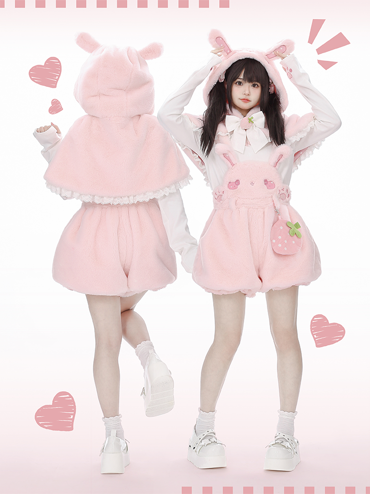 Strawberry and Cute Claws Beige Peter Pan Collar Long Sleeves Top