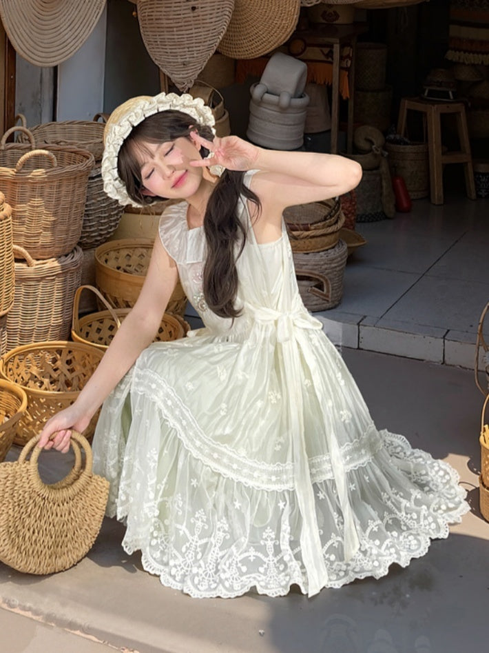 Side Self-tie Fawn Embroidery Chiffon Overdress Neckline with White Semi-Sheer Ruffle Straps