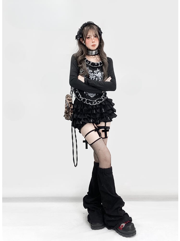 Gothic Schwarz Y2K Hohe Taille Überkreuzter Oberschenkellang Glamourös Gefütterter Stufen-Skort