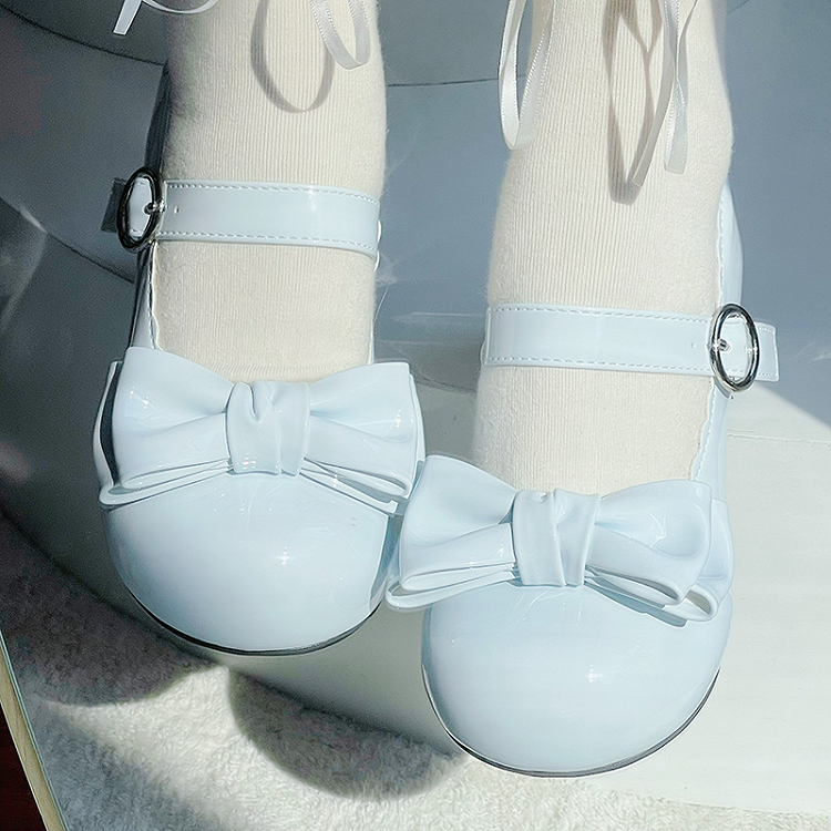 Süße Lolita-Mary-Janes in Blau mit Schleife und runder Zehenpartie und Blockabsatz